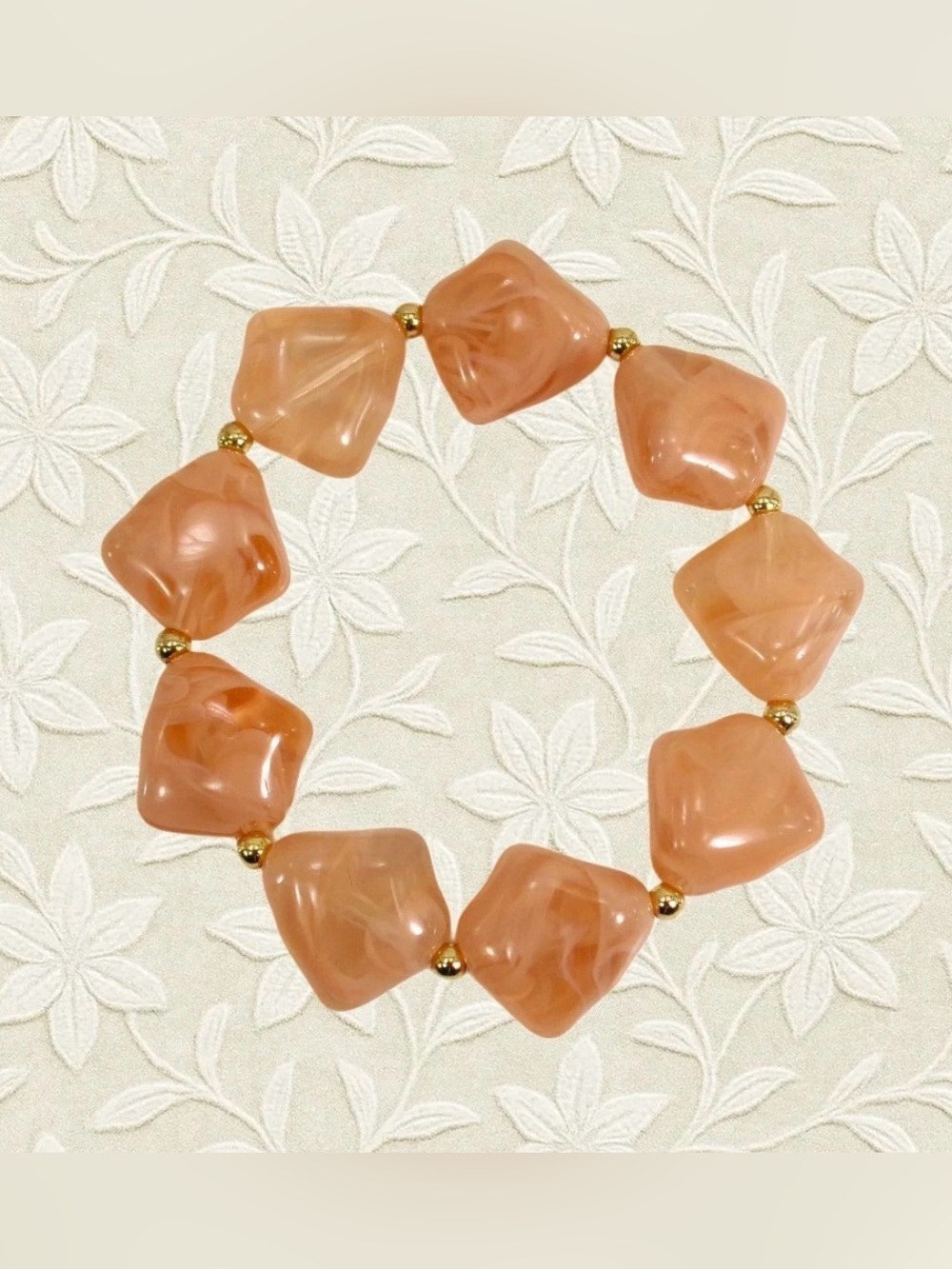 Light Pink Marble Look Stretch Bracelet Women Blush Pink with Gold Accents 7.5"